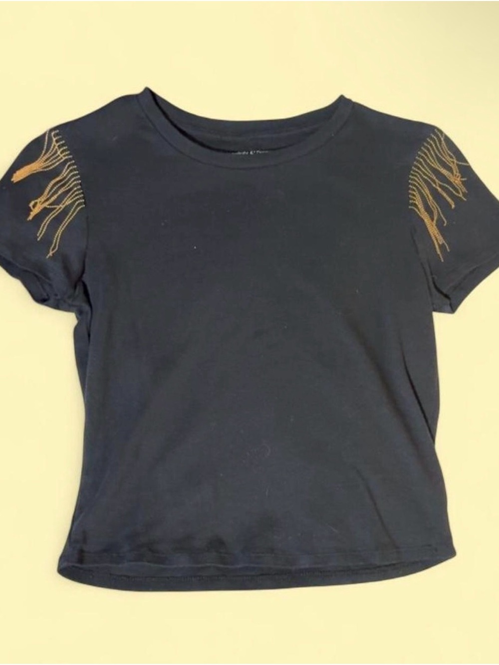 Black Tee with Gold Shoulder Fringe Detail